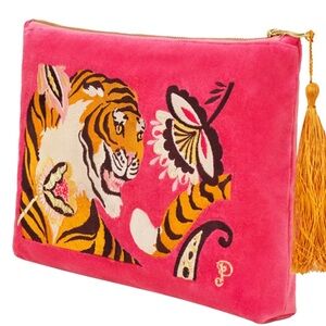 Powder UK Thrill of the Tiger luxury velvet embroidered zip pouch - NWT